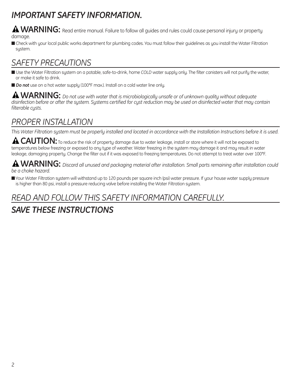 Safety instructions, Important safety information. warning, Safety precautions | Warning, Proper installation, Caution | GE GNSV70RBL User Manual | Page 2 / 16