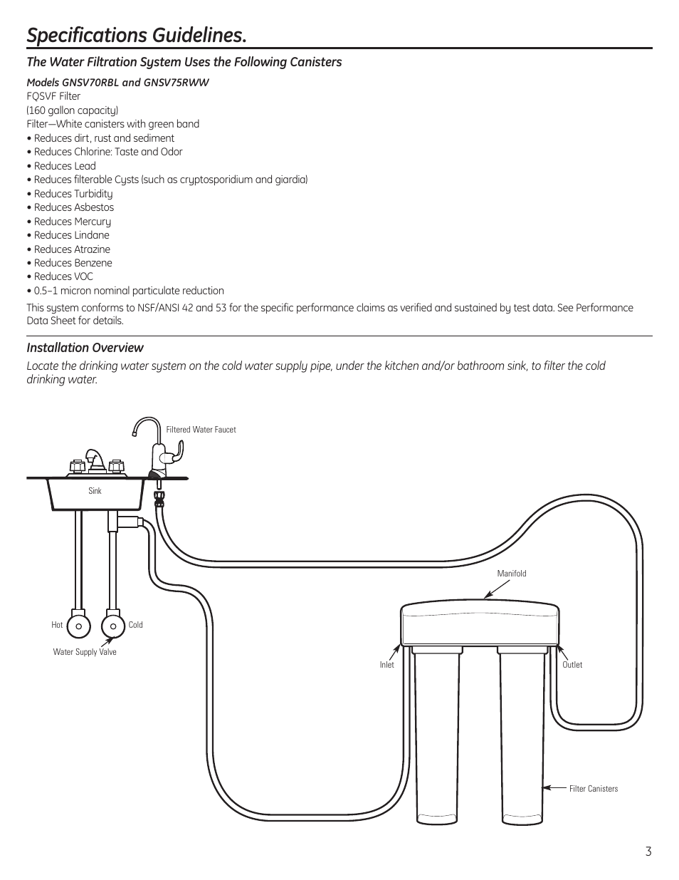 System overview, Specifications guidelines | GE GNSV70RBL User Manual | Page 3 / 16