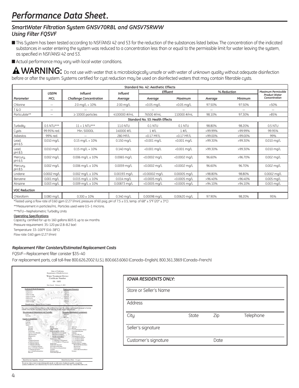 Performance data sheet, Warning | GE GNSV70RBL User Manual | Page 4 / 16