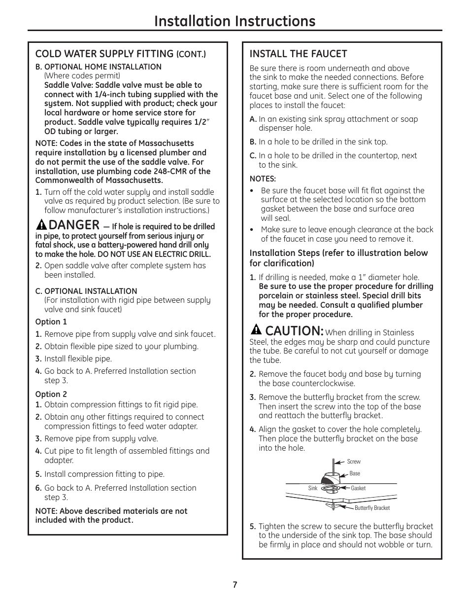 Faucet installation, Faucet installation , 8, Installation instructions | Danger, Caution, Cold water supply fitting, Install the faucet | GE GNSV70RBL User Manual | Page 7 / 16