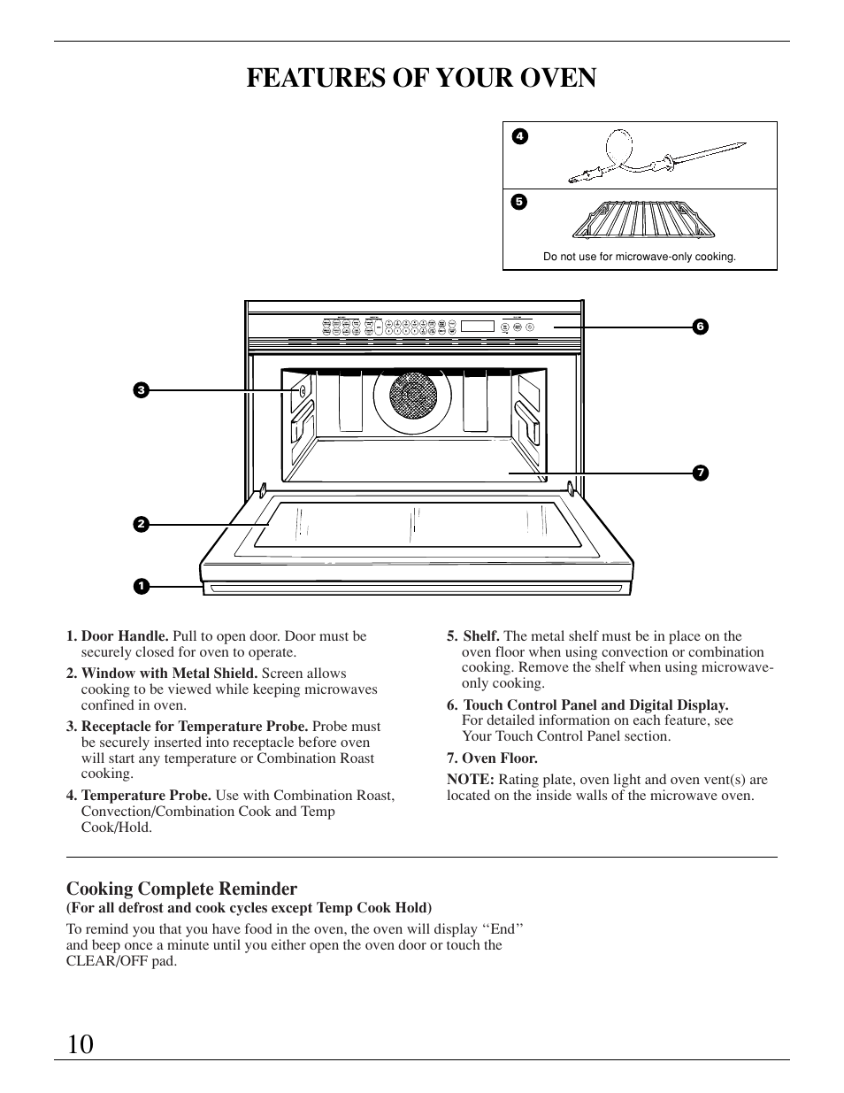Features, Cooking complete reminder, Model and serial numberlocation | 10 features of your oven | GE ZMC1095 User Manual | Page 10 / 36