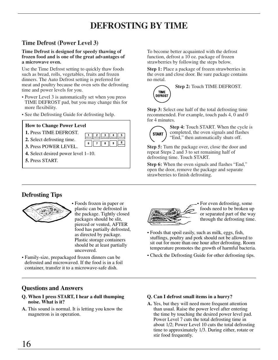 Defrosting by time, Time defrost (power level 3), Defrosting tips | Questions and answers | GE ZMC1095 User Manual | Page 16 / 36