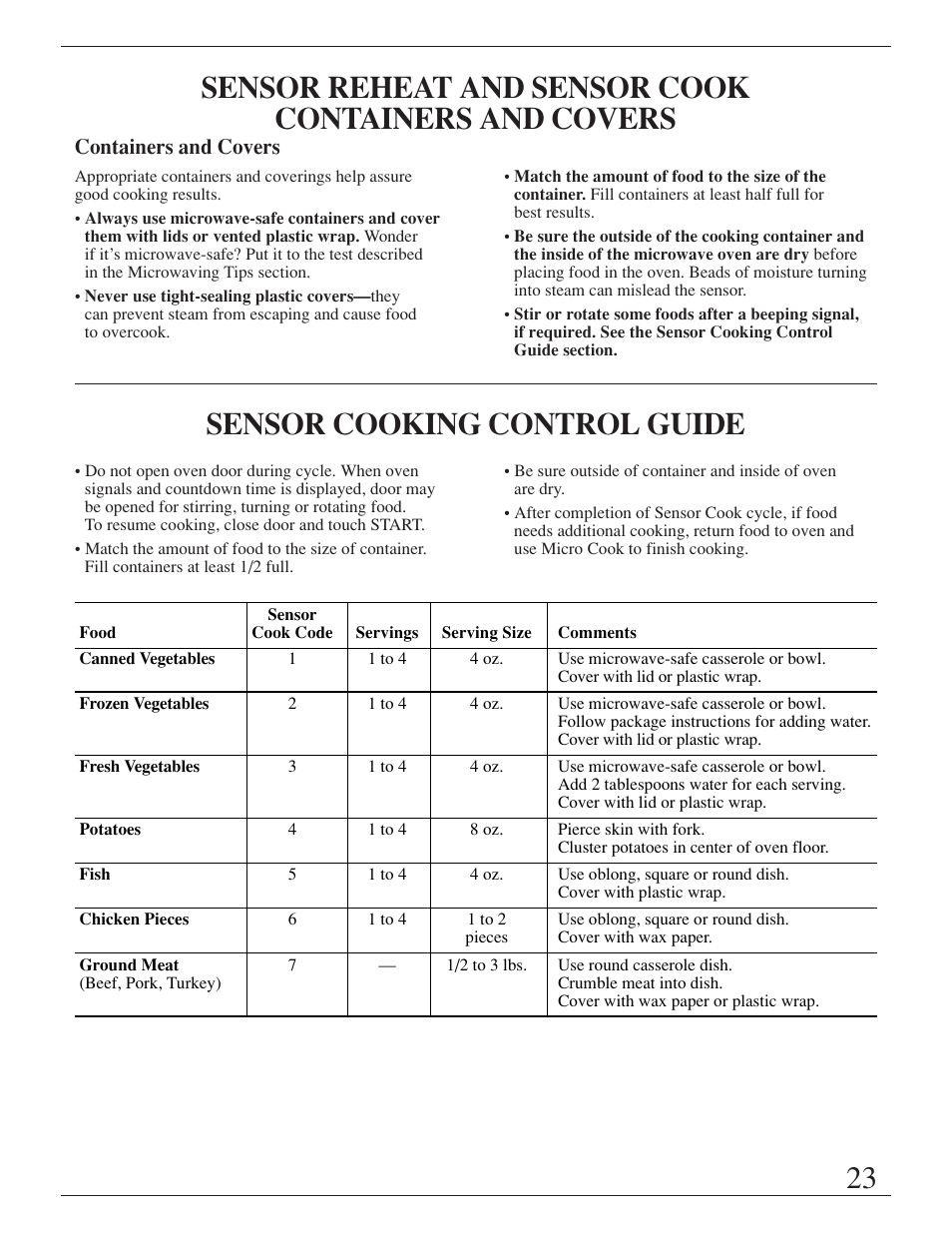 Sensor cooking control guide | GE ZMC1095 User Manual | Page 23 / 36