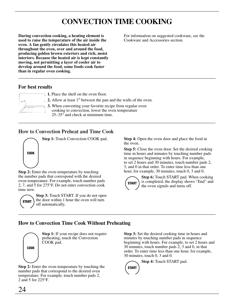 Convection cooking, Cooking by time, Convection cooking , 25 | 24 convection time cooking | GE ZMC1095 User Manual | Page 24 / 36