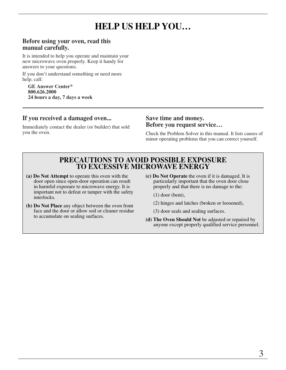 Appliance registration, Precautions to avoid possible exposure, Help us help you | GE ZMC1095 User Manual | Page 3 / 36