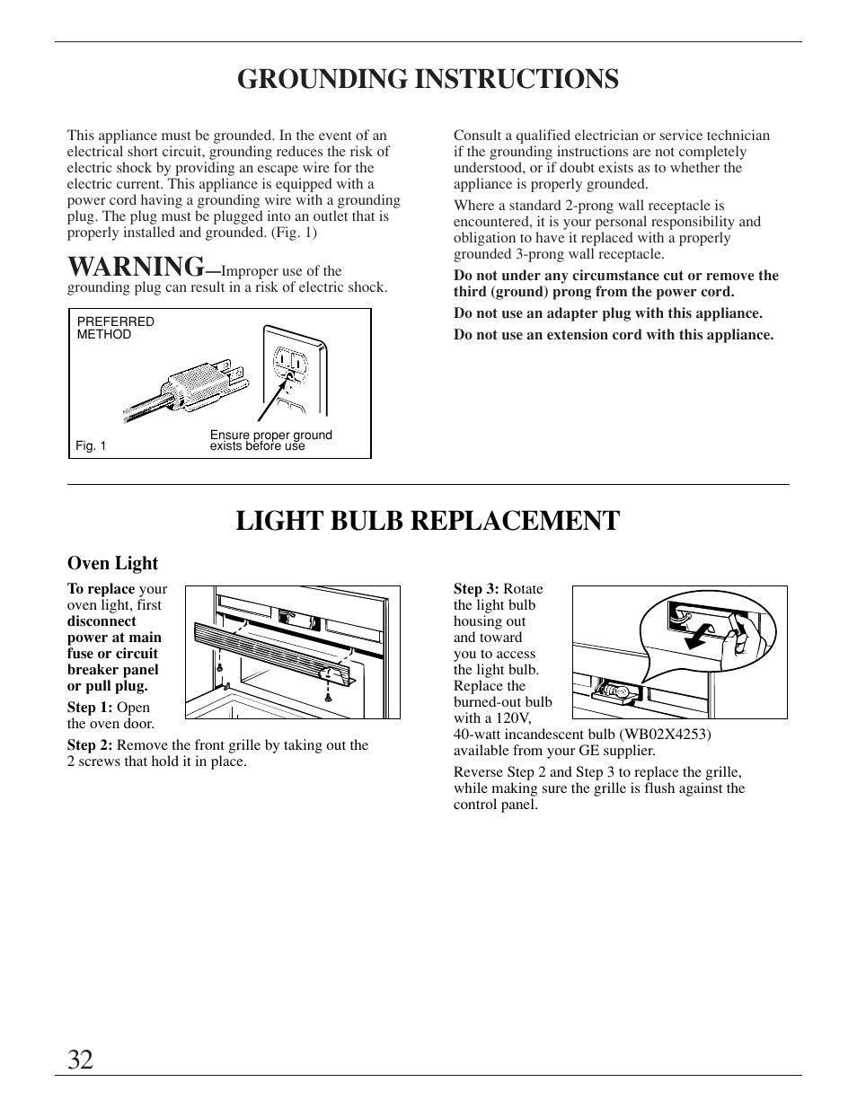 Adapter plugs, Extension cords, Grounding instructions | Light bulb replacement, 32 grounding instructions, Warning | GE ZMC1095 User Manual | Page 32 / 36