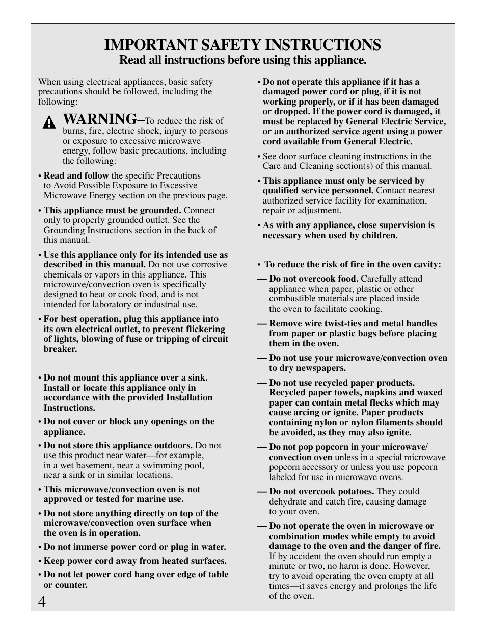 Safety instructions, Safety instructions –6, Important safety instructions | Warning, Read all instructions before using this appliance | GE ZMC1095 User Manual | Page 4 / 36