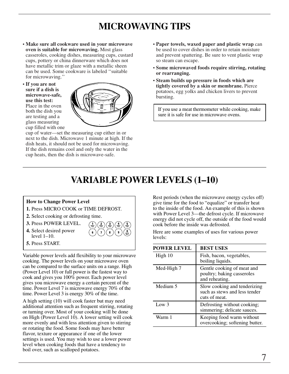 Microwave cooking, Microwaving tips, Power levels | Microwave cooking , 10–23, Power levels , 8, 13–18, Microwaving tips variable power levels (1–10) | GE ZMC1095 User Manual | Page 7 / 36