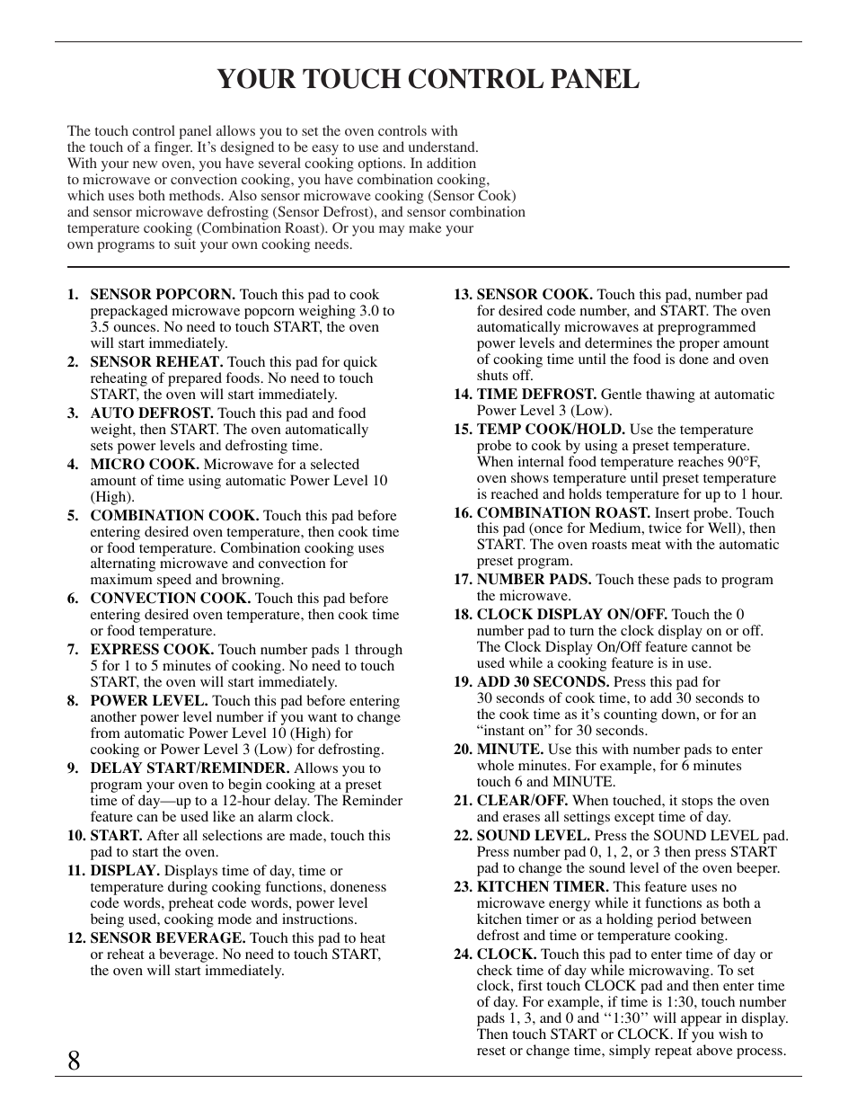 Clock, Control panel, Clock , 9 | Control panel , 9, Your touch control panel | GE ZMC1095 User Manual | Page 8 / 36