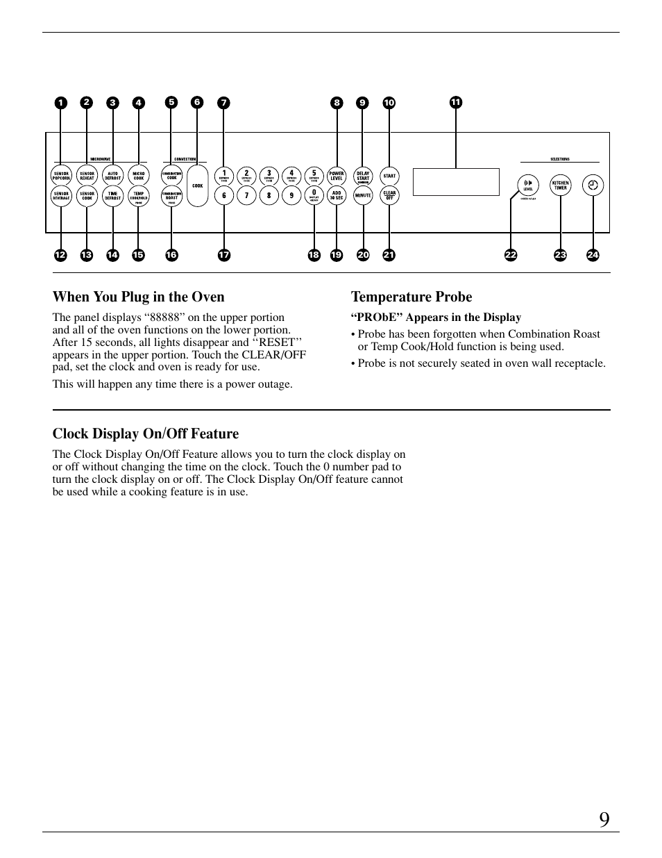 When you plug in the oven temperature probe, Clock display on/off feature | GE ZMC1095 User Manual | Page 9 / 36