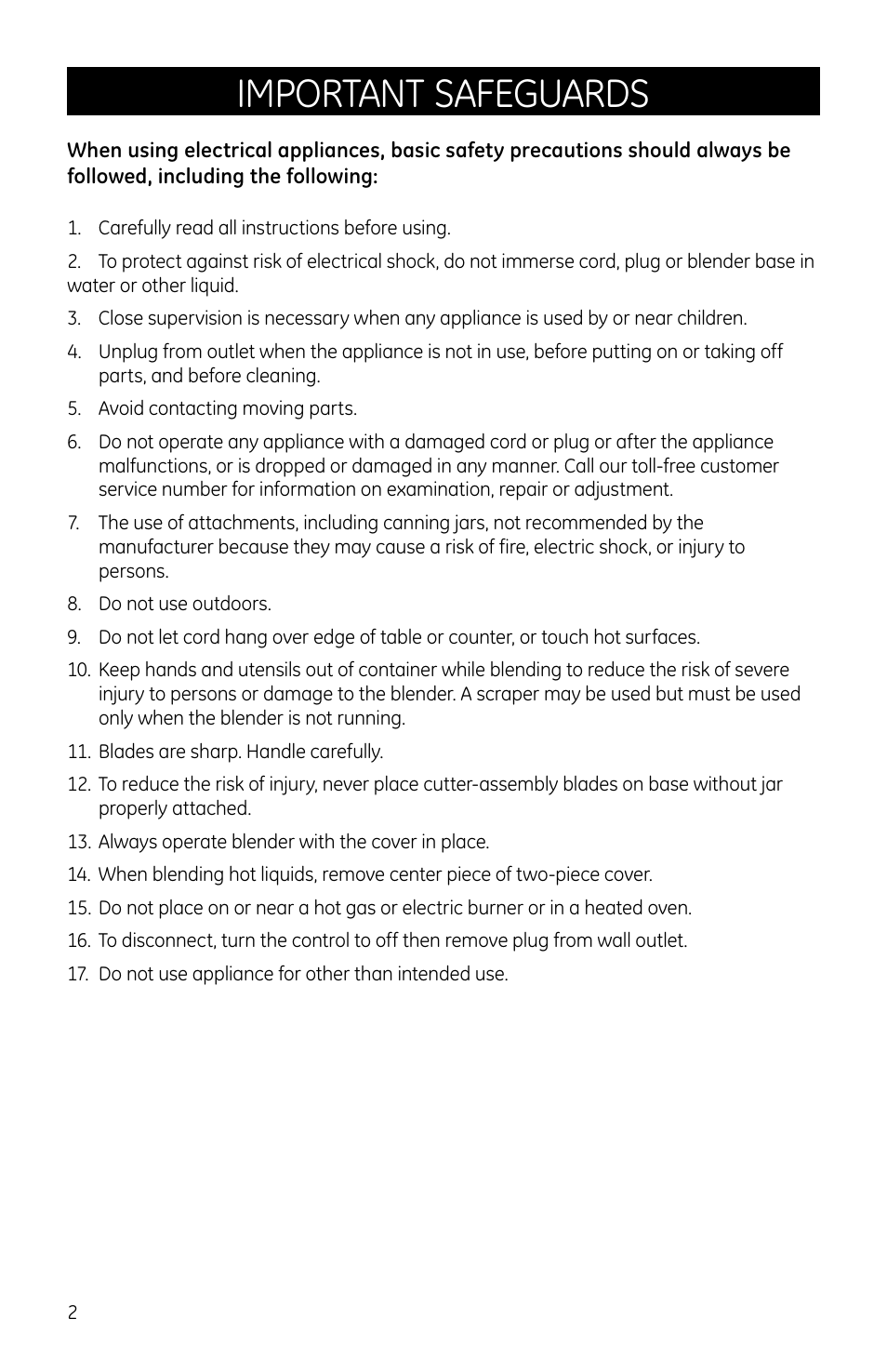 Important safeguards | GE 169053 User Manual | Page 2 / 7