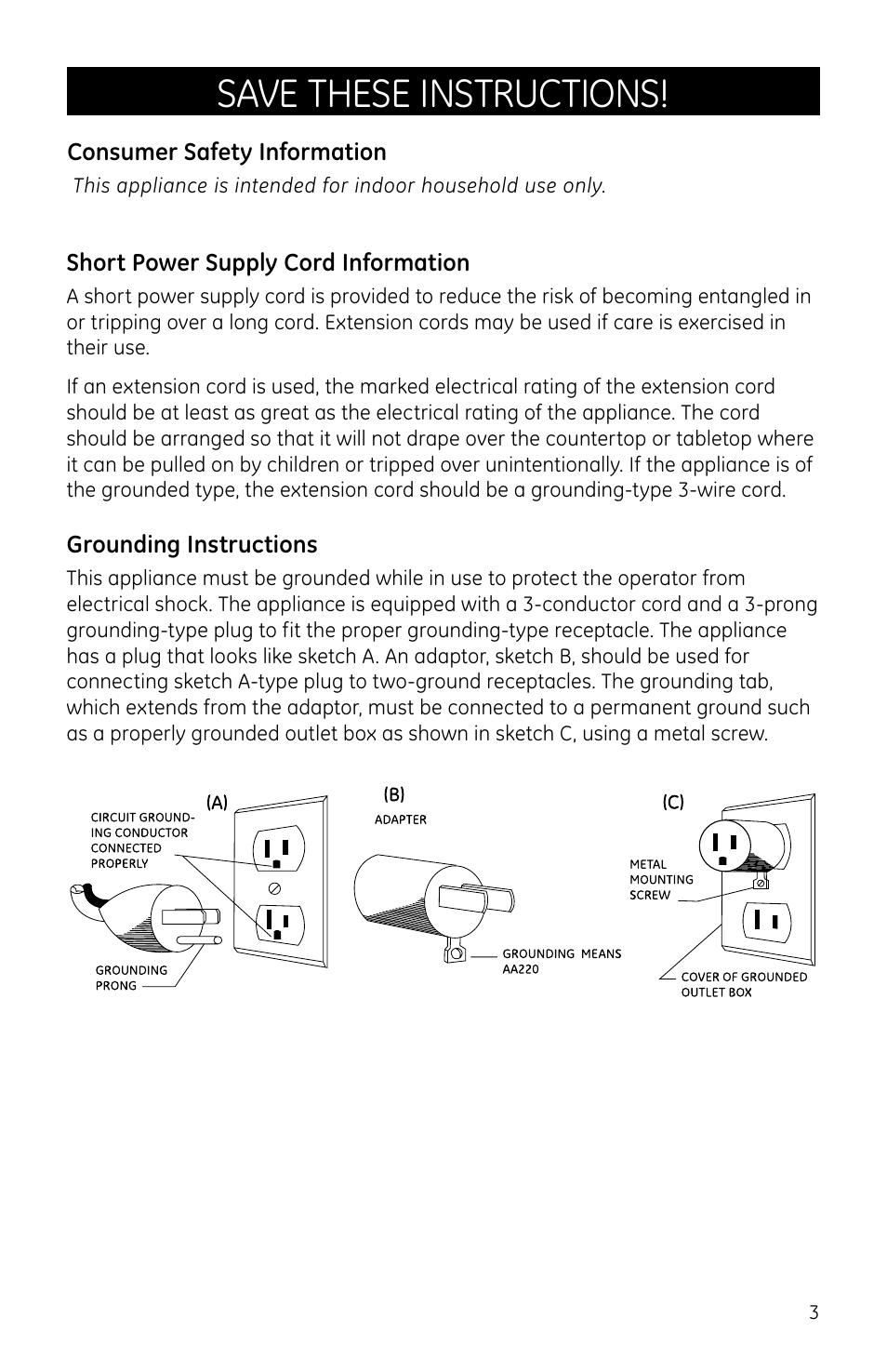 Save these instructions | GE 169053 User Manual | Page 3 / 7