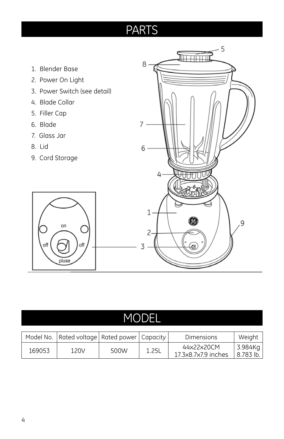 Parts, Model | GE 169053 User Manual | Page 4 / 7