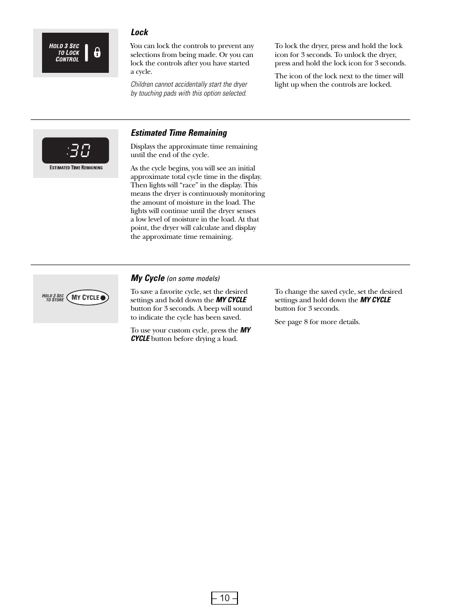 10 – lock, My cycle, Estimated time remaining | GE DCVH515 User Manual | Page 10 / 50