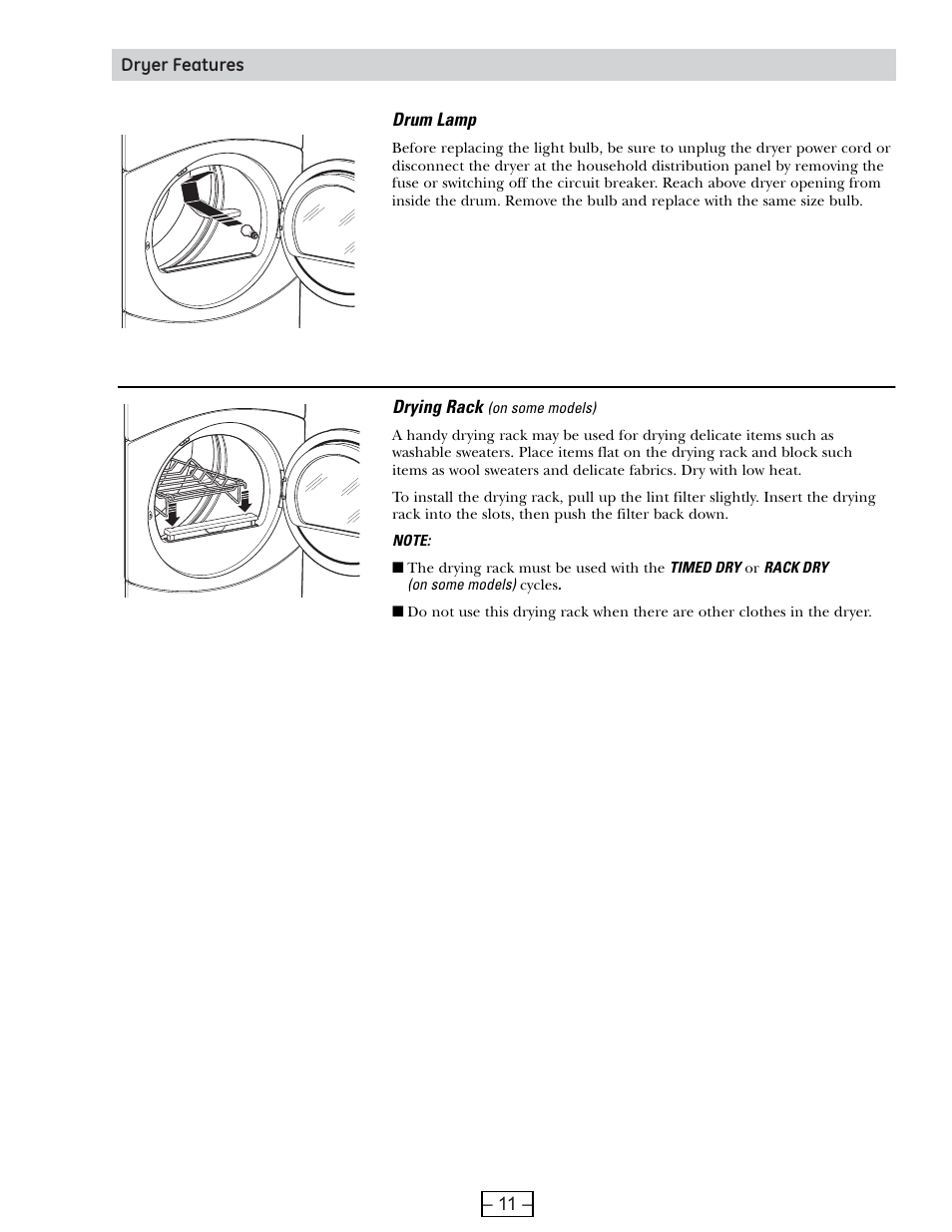 Dryer features | GE DCVH515 User Manual | Page 11 / 50