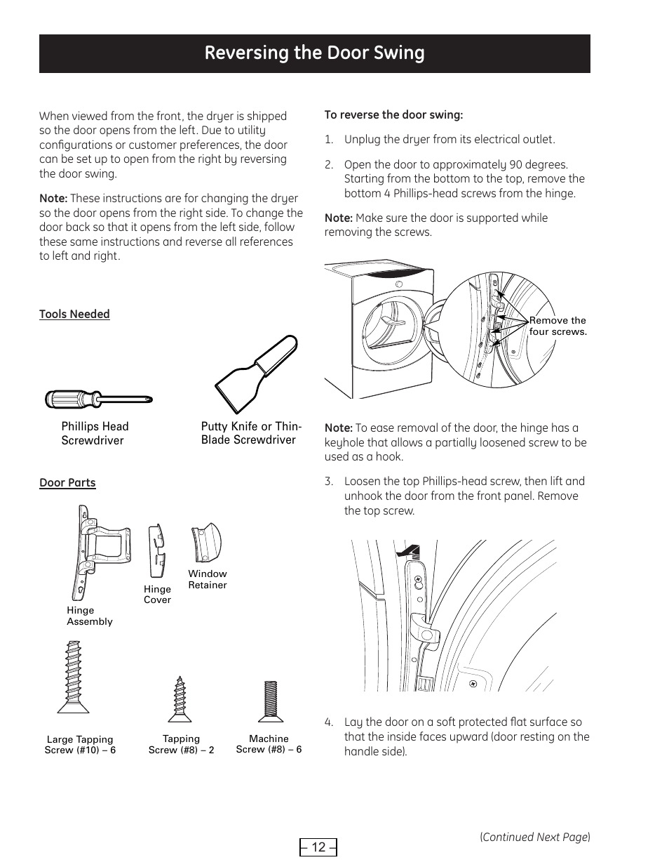 Reversing the door swing | GE DCVH515 User Manual | Page 12 / 50