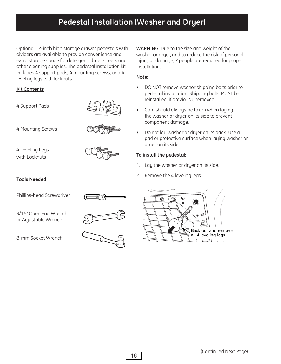 Pedestal installation (washer and dryer) | GE DCVH515 User Manual | Page 16 / 50