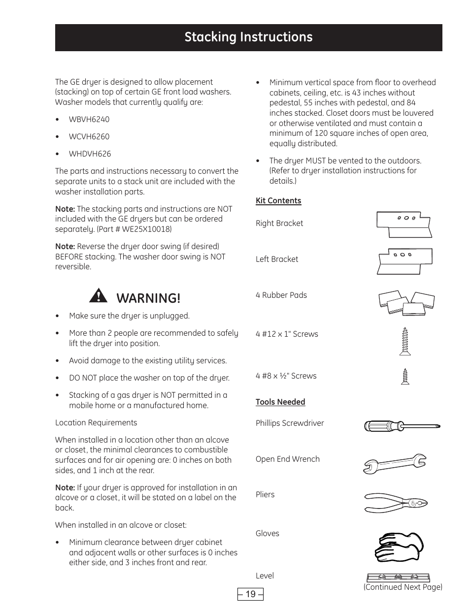 Stacking instructions, Warning | GE DCVH515 User Manual | Page 19 / 50