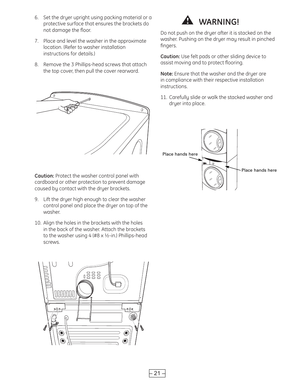 Warning | GE DCVH515 User Manual | Page 21 / 50