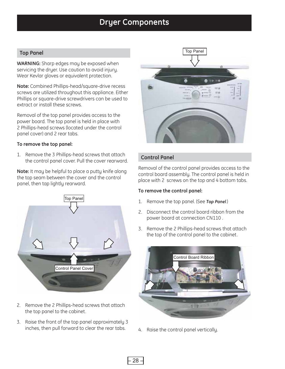 Control panel, Dryer components, Top panel | GE DCVH515 User Manual | Page 28 / 50