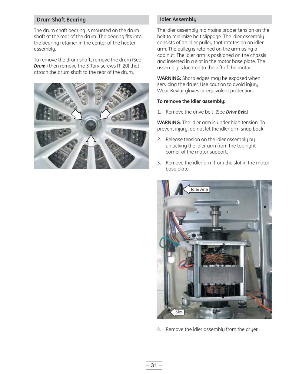 Drum shaft bearing, Idler assembly | GE DCVH515 User Manual | Page 31 / 50