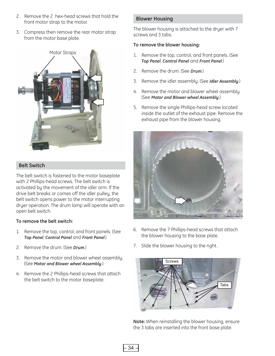 Belt switch, Blower housing | GE DCVH515 User Manual | Page 34 / 50