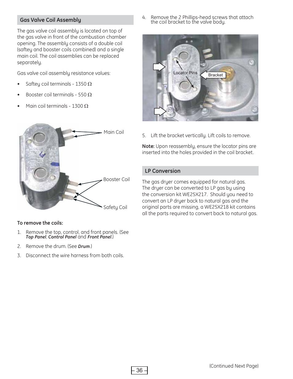 Gas valve coil assembly, Lp conversion | GE DCVH515 User Manual | Page 36 / 50