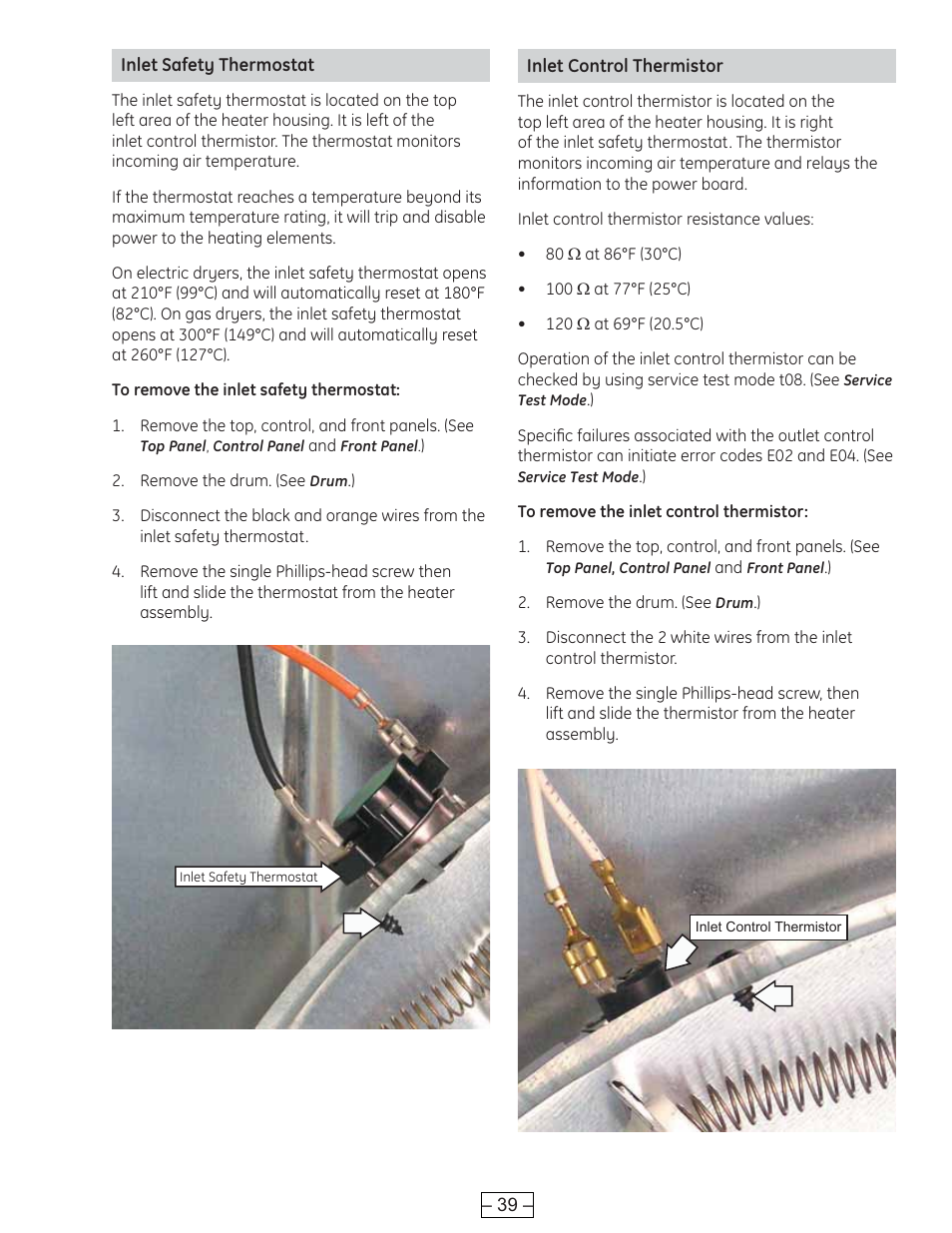 Inlet control thermistor, Inlet safety thermostat | GE DCVH515 User Manual | Page 39 / 50