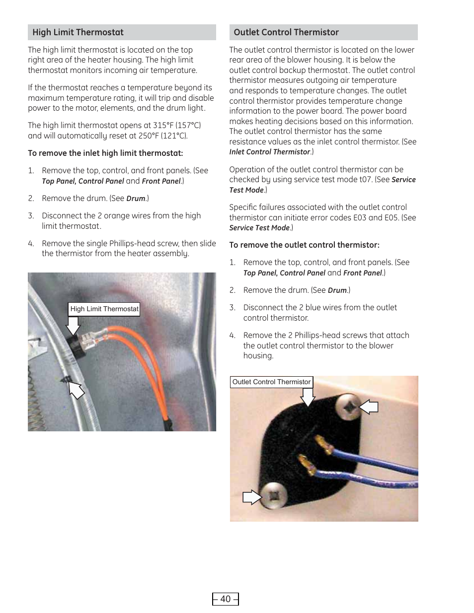 High limit thermostat, Outlet control thermistor | GE DCVH515 User Manual | Page 40 / 50