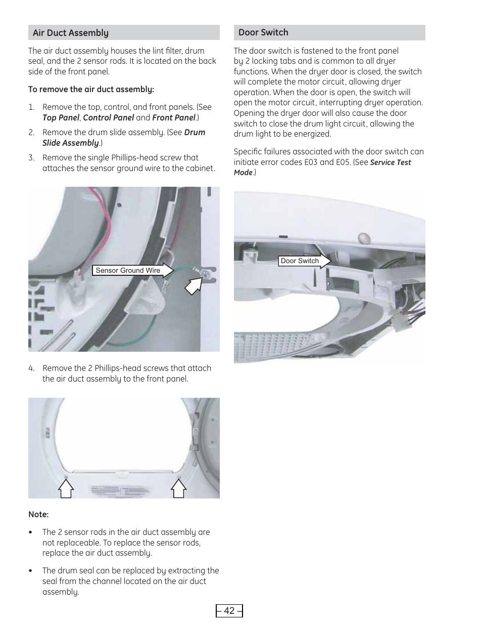 Air duct assembly, Door switch | GE DCVH515 User Manual | Page 42 / 50