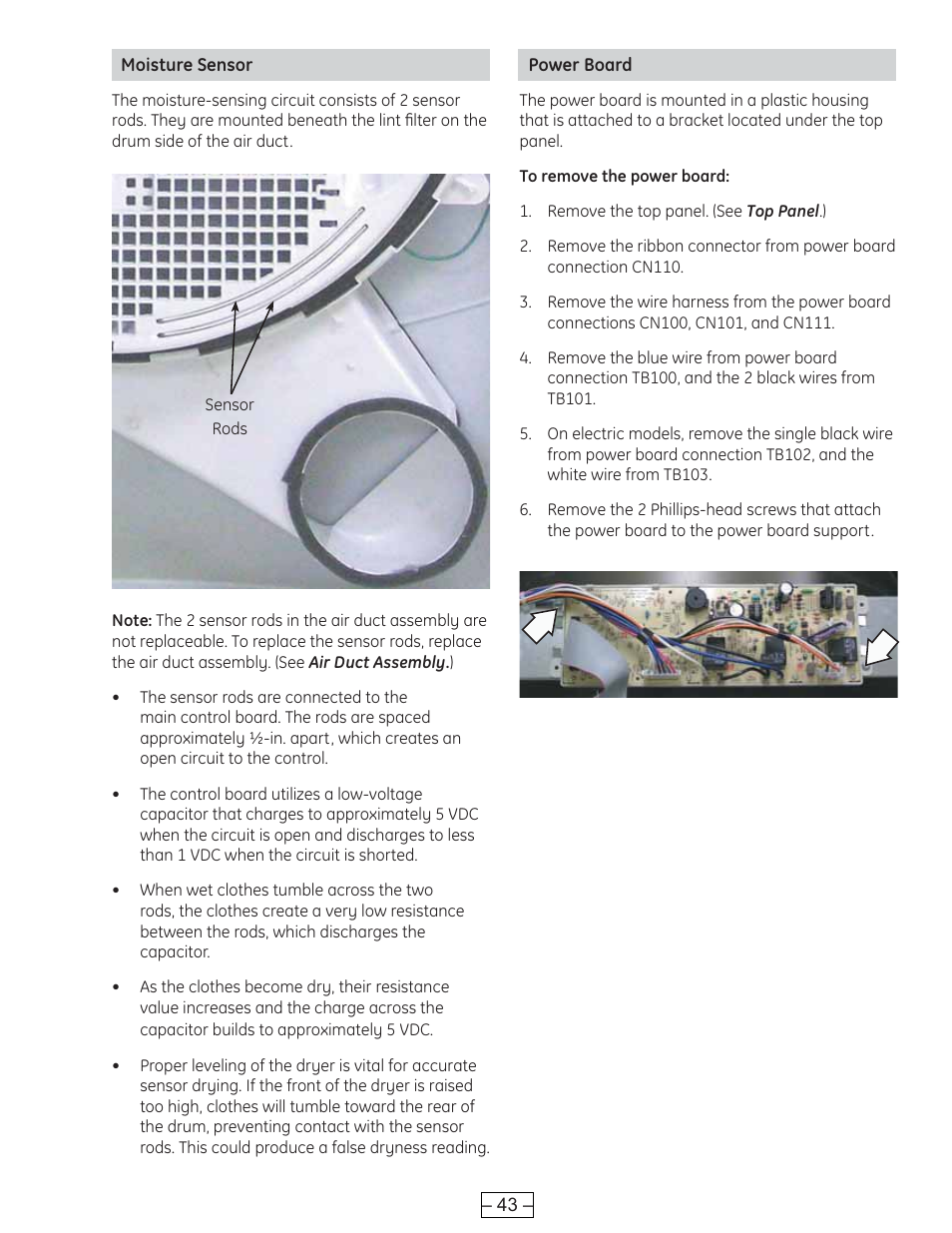 Moisture sensor, Power board | GE DCVH515 User Manual | Page 43 / 50