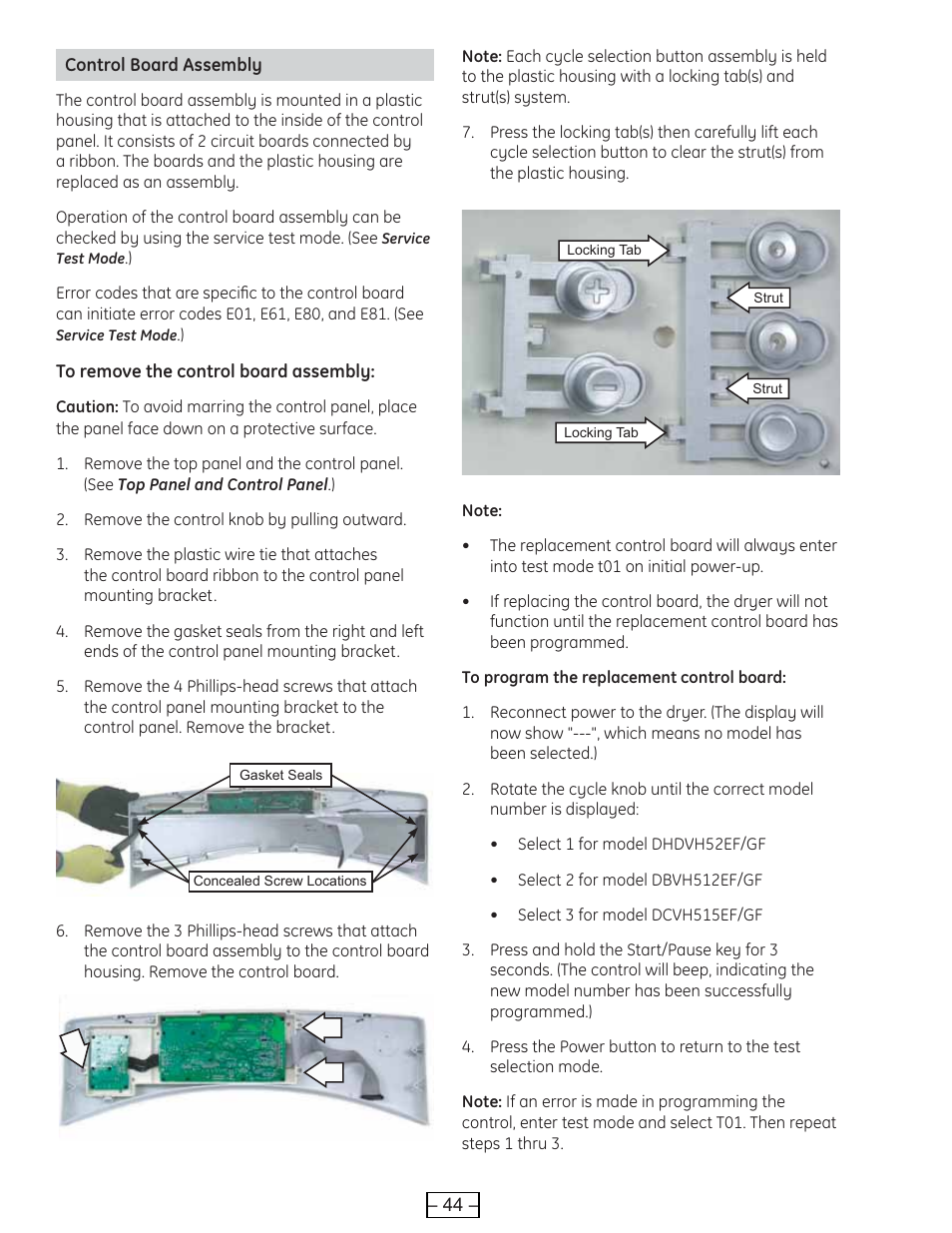 Control board assembly | GE DCVH515 User Manual | Page 44 / 50