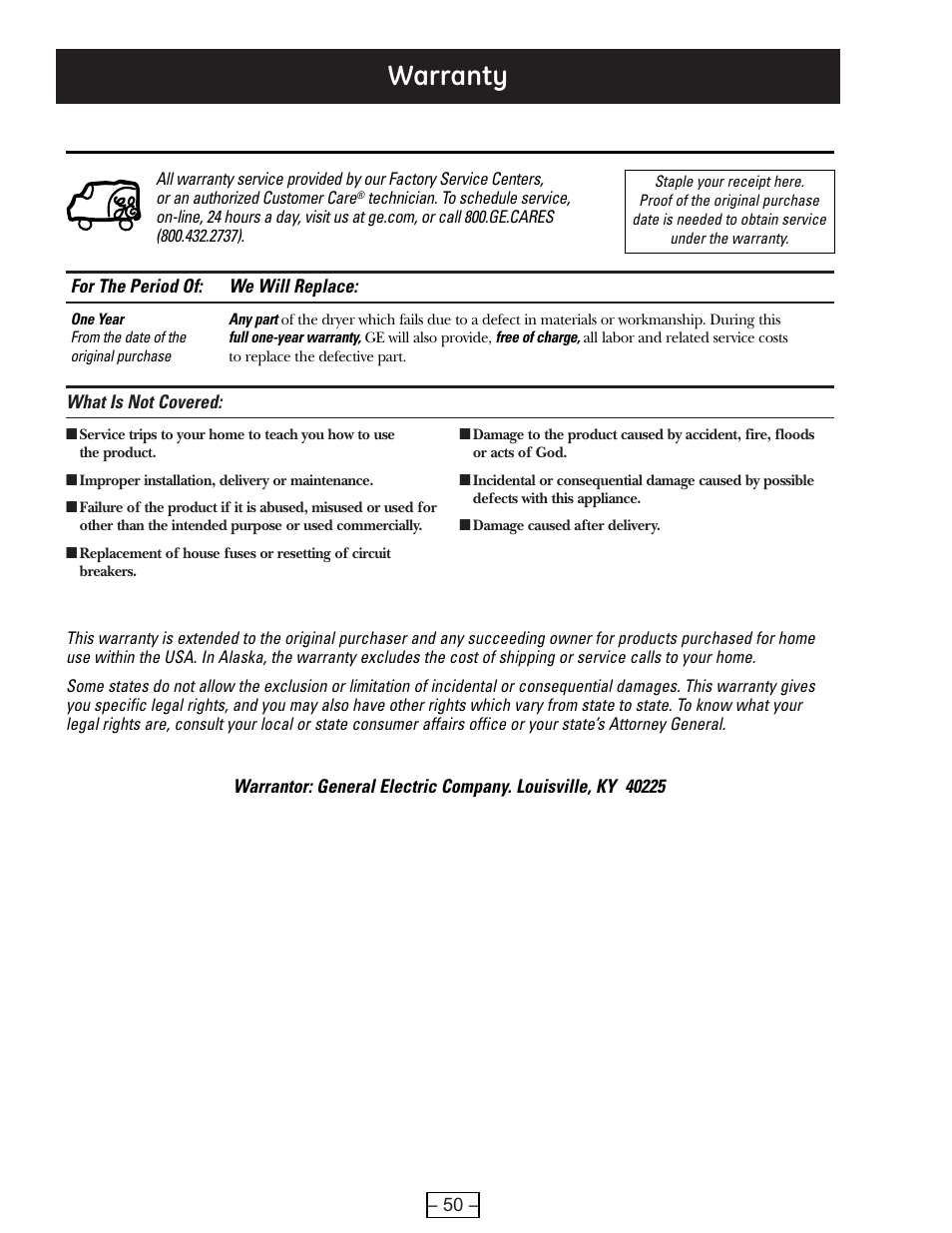 Warranty | GE DCVH515 User Manual | Page 50 / 50