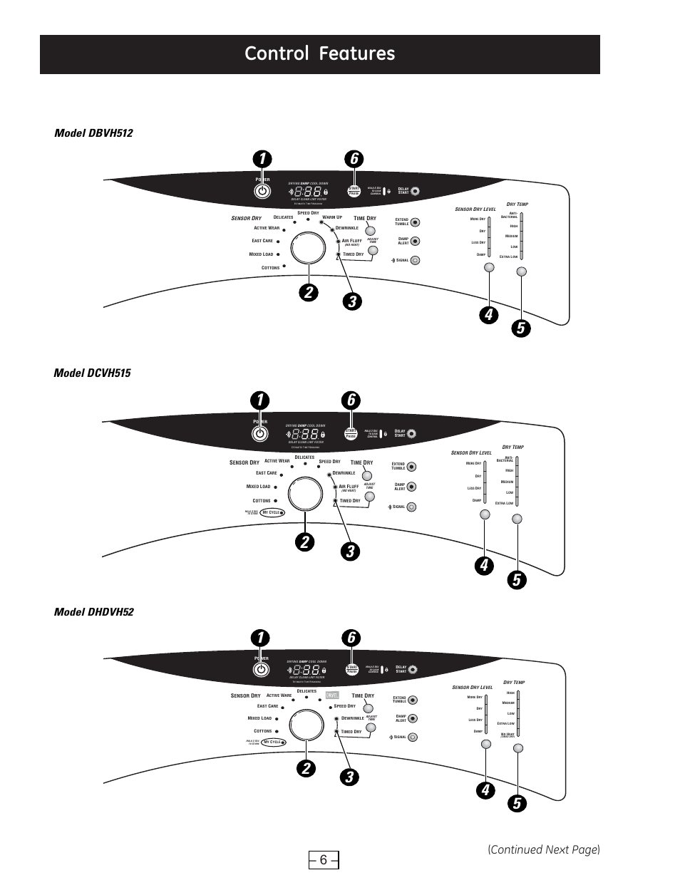 Control features, Continued next page ), Model dcvh515 | Model dhdvh52, Model dbvh512 | GE DCVH515 User Manual | Page 6 / 50