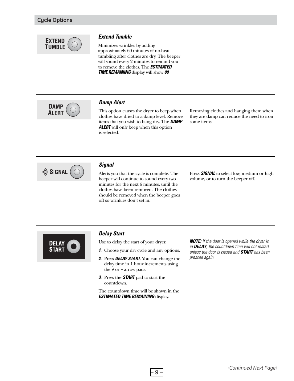 Cycle options | GE DCVH515 User Manual | Page 9 / 50