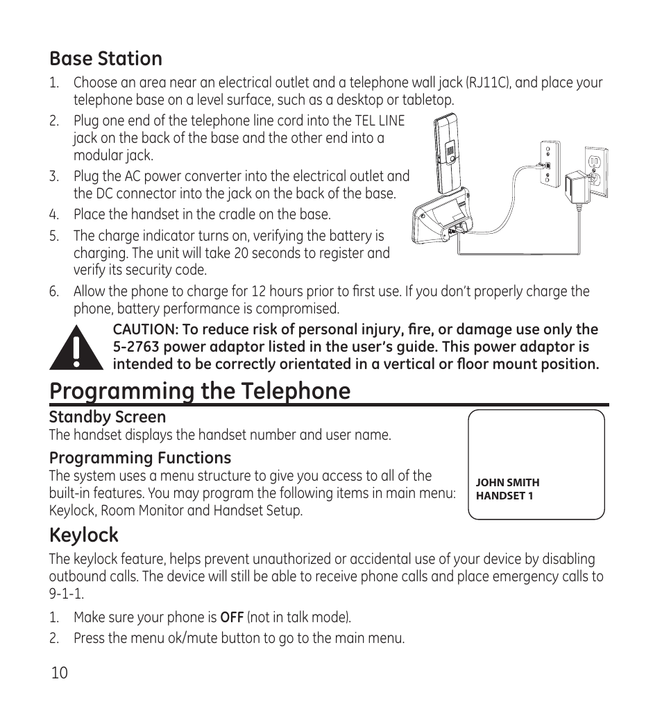 Programming the telephone, Base station, Keylock | GE 28115 Series User Manual | Page 10 / 84