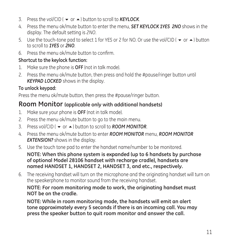 Room monitor | GE 28115 Series User Manual | Page 11 / 84