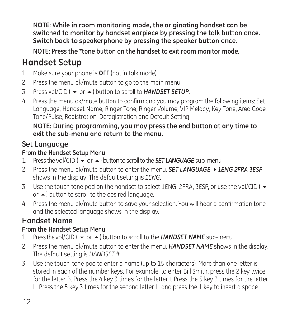 Handset setup | GE 28115 Series User Manual | Page 12 / 84
