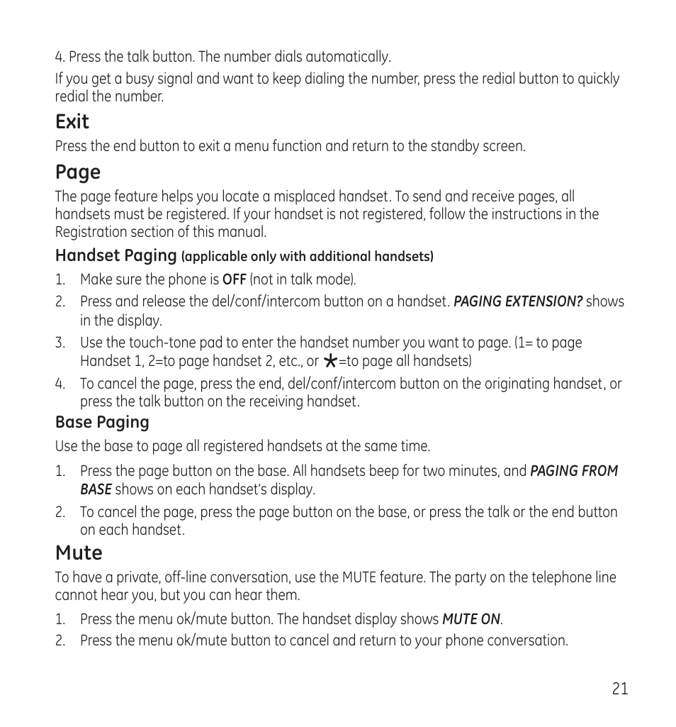 Exit, Page, Mute | GE 28115 Series User Manual | Page 21 / 84