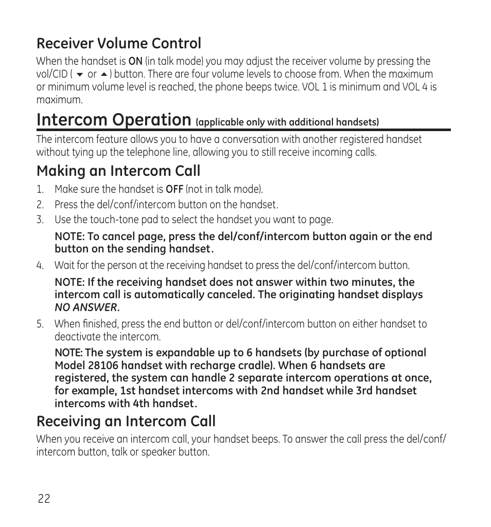 Intercom operation, Receiver volume control, Making an intercom call | Receiving an intercom call | GE 28115 Series User Manual | Page 22 / 84