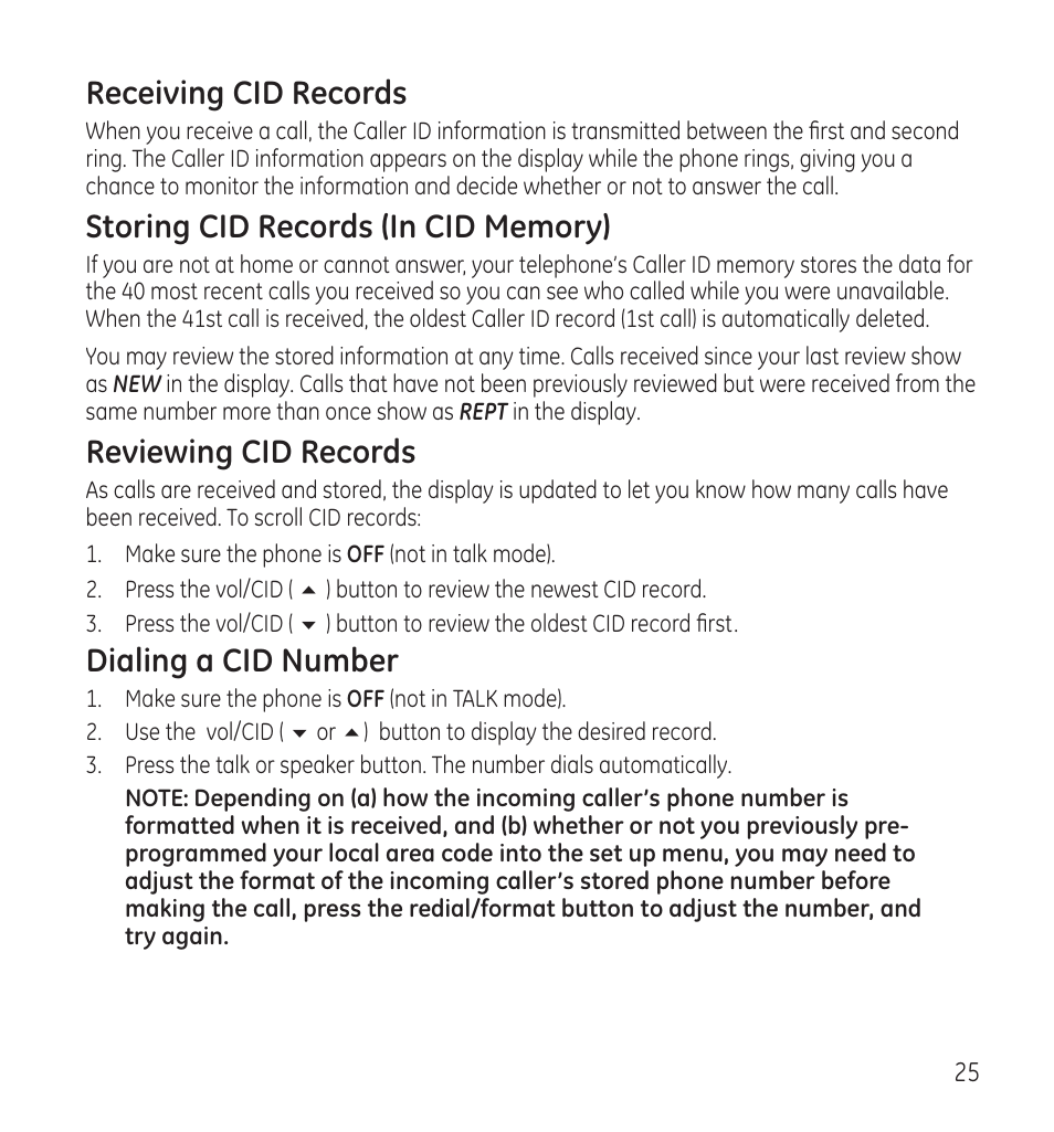 Receiving cid records, Reviewing cid records, Dialing a cid number | GE 28115 Series User Manual | Page 25 / 84