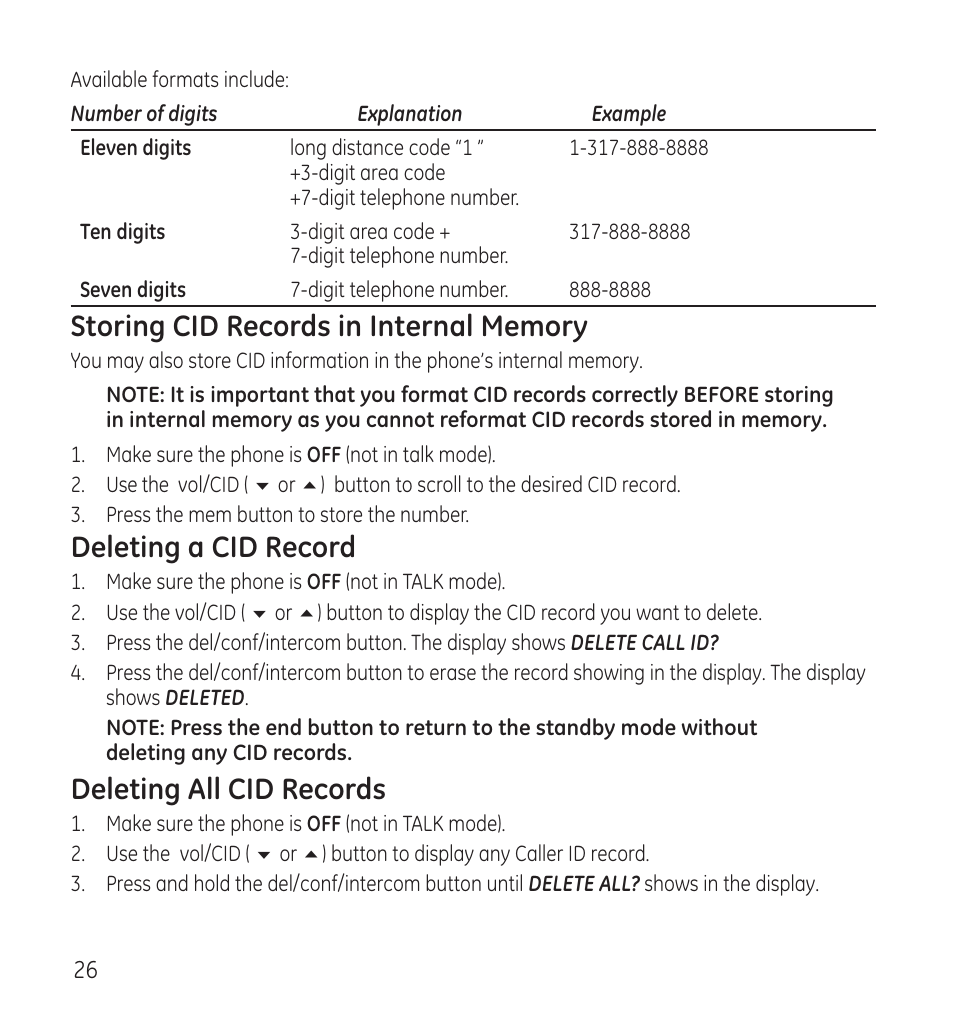 Deleting a cid record, Deleting all cid records | GE 28115 Series User Manual | Page 26 / 84