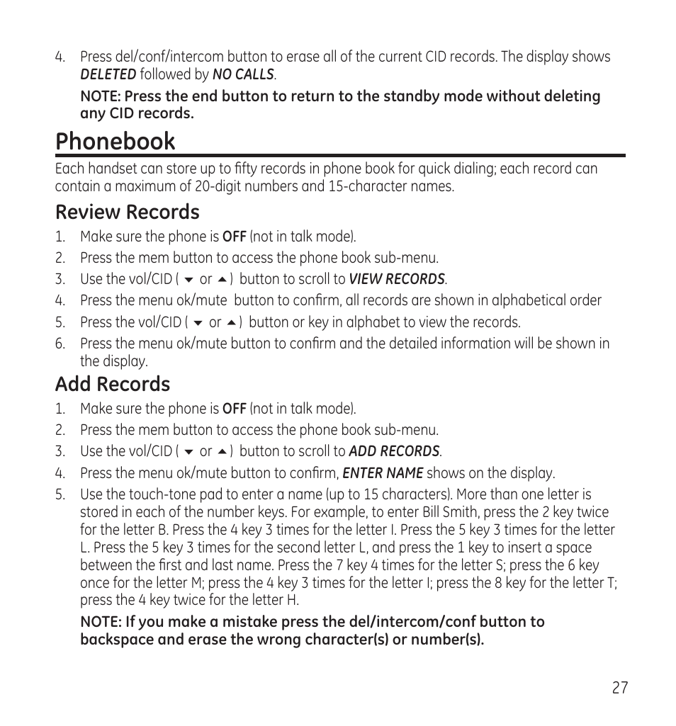Phonebook, Review records, Add records | GE 28115 Series User Manual | Page 27 / 84