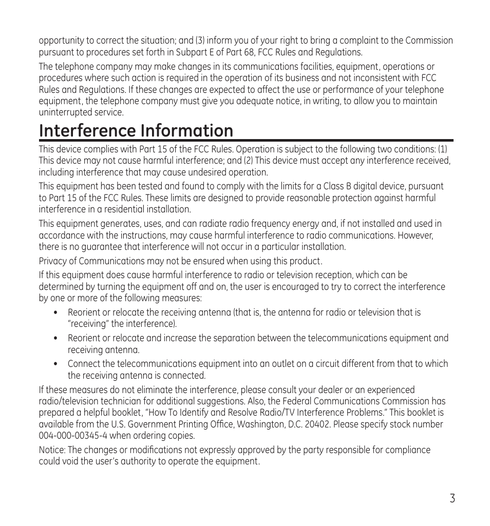 Interference information | GE 28115 Series User Manual | Page 3 / 84