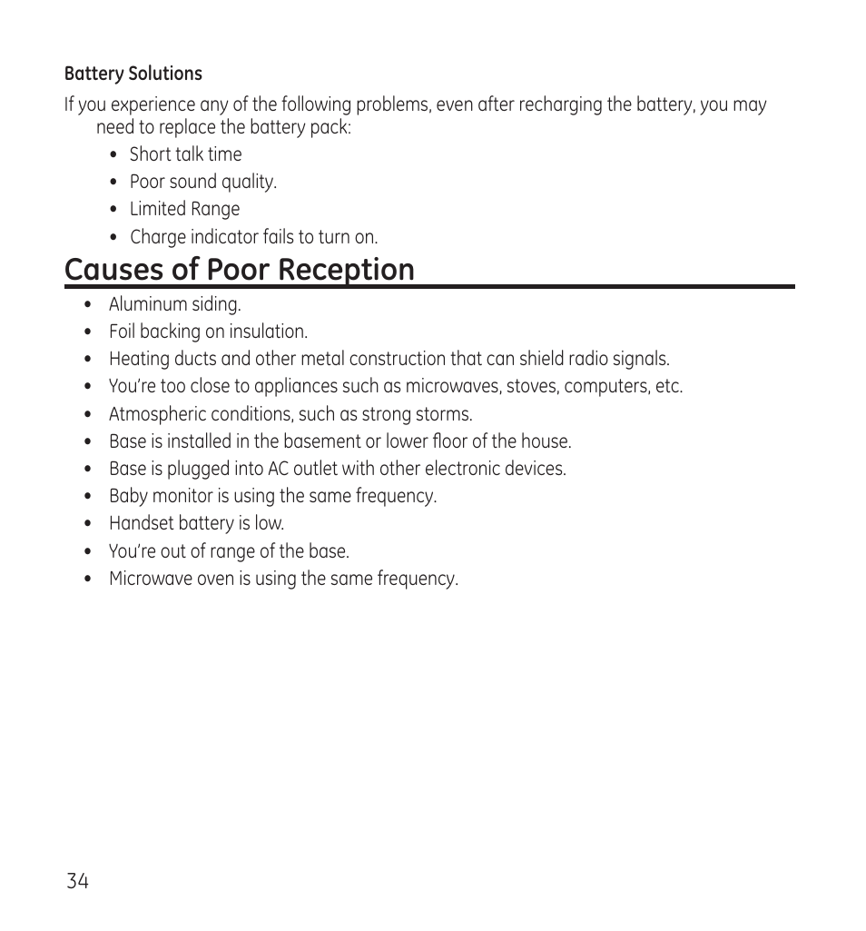 Causes of poor reception | GE 28115 Series User Manual | Page 34 / 84