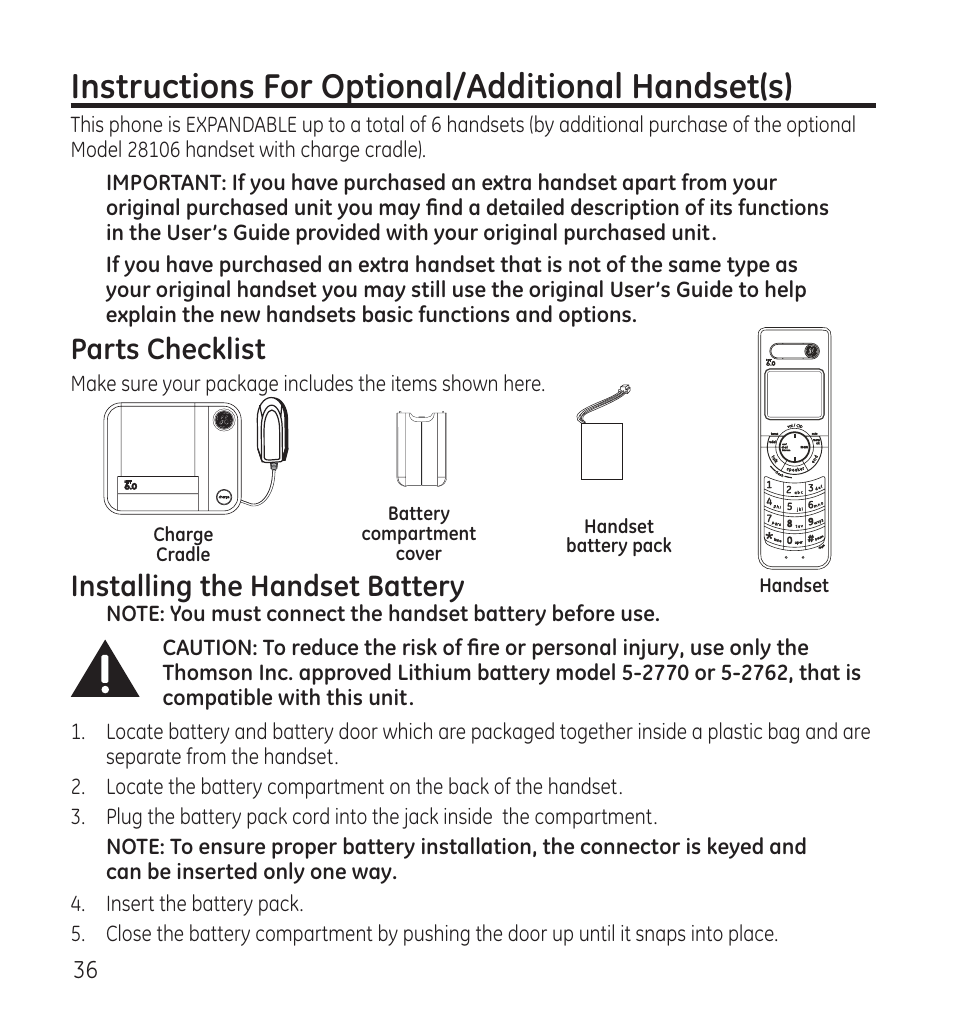 Instructions for optional/additional handset(s), Parts checklist, Installing the handset battery | GE 28115 Series User Manual | Page 36 / 84