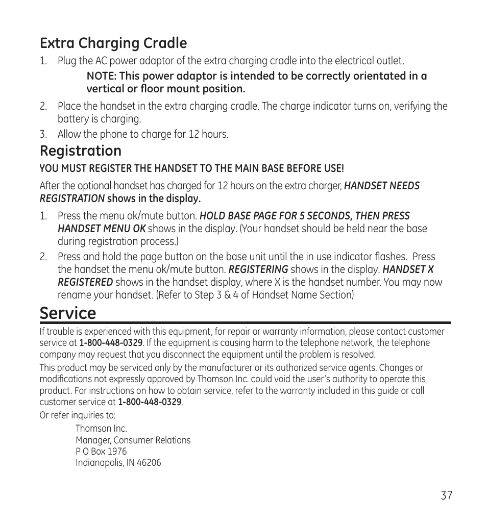 Service, Extra charging cradle, Registration | GE 28115 Series User Manual | Page 37 / 84