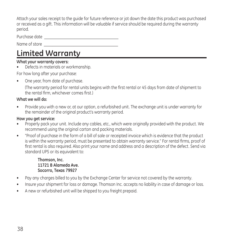 Limited warranty | GE 28115 Series User Manual | Page 38 / 84