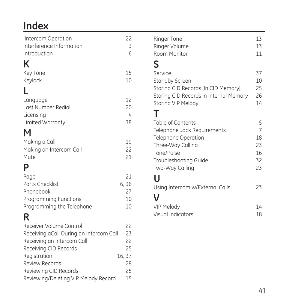 Index | GE 28115 Series User Manual | Page 41 / 84