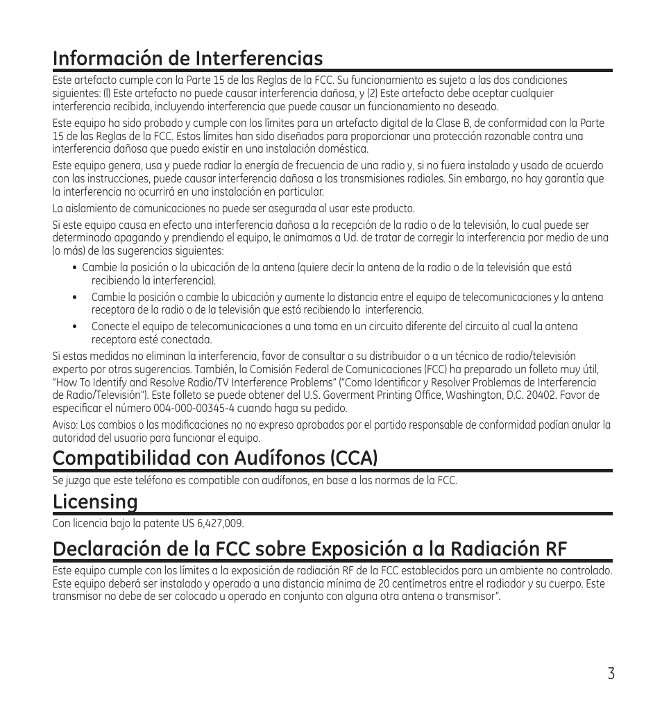 Información de interferencias, Compatibilidad con audífonos (cca), Licensing | GE 28115 Series User Manual | Page 45 / 84